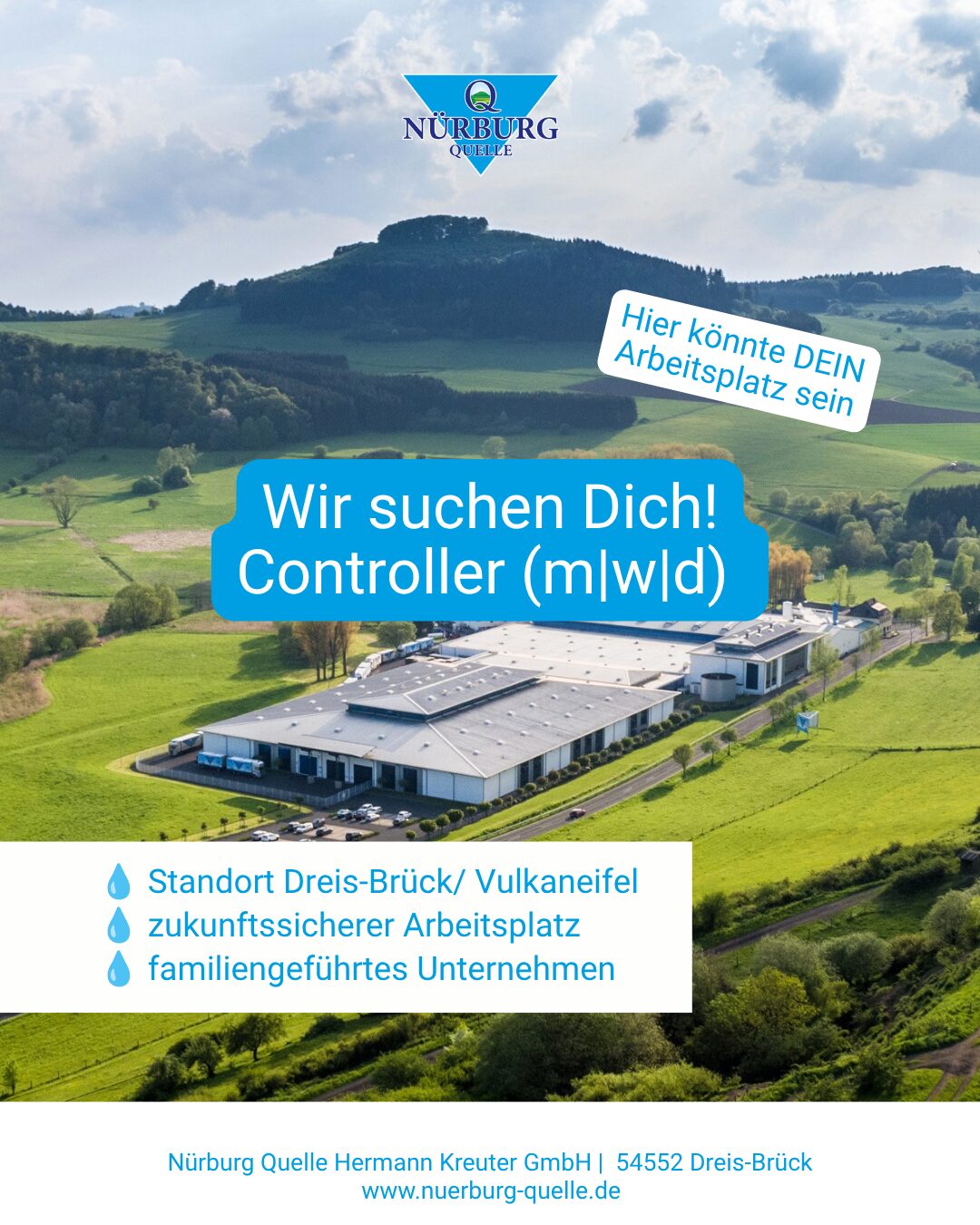 Stellenanzeige Controller (m/w/d) bei der Nürburg Quelle in Dreis-Brück: Luftbild des Betriebsgeländes in der Vulkaneifel